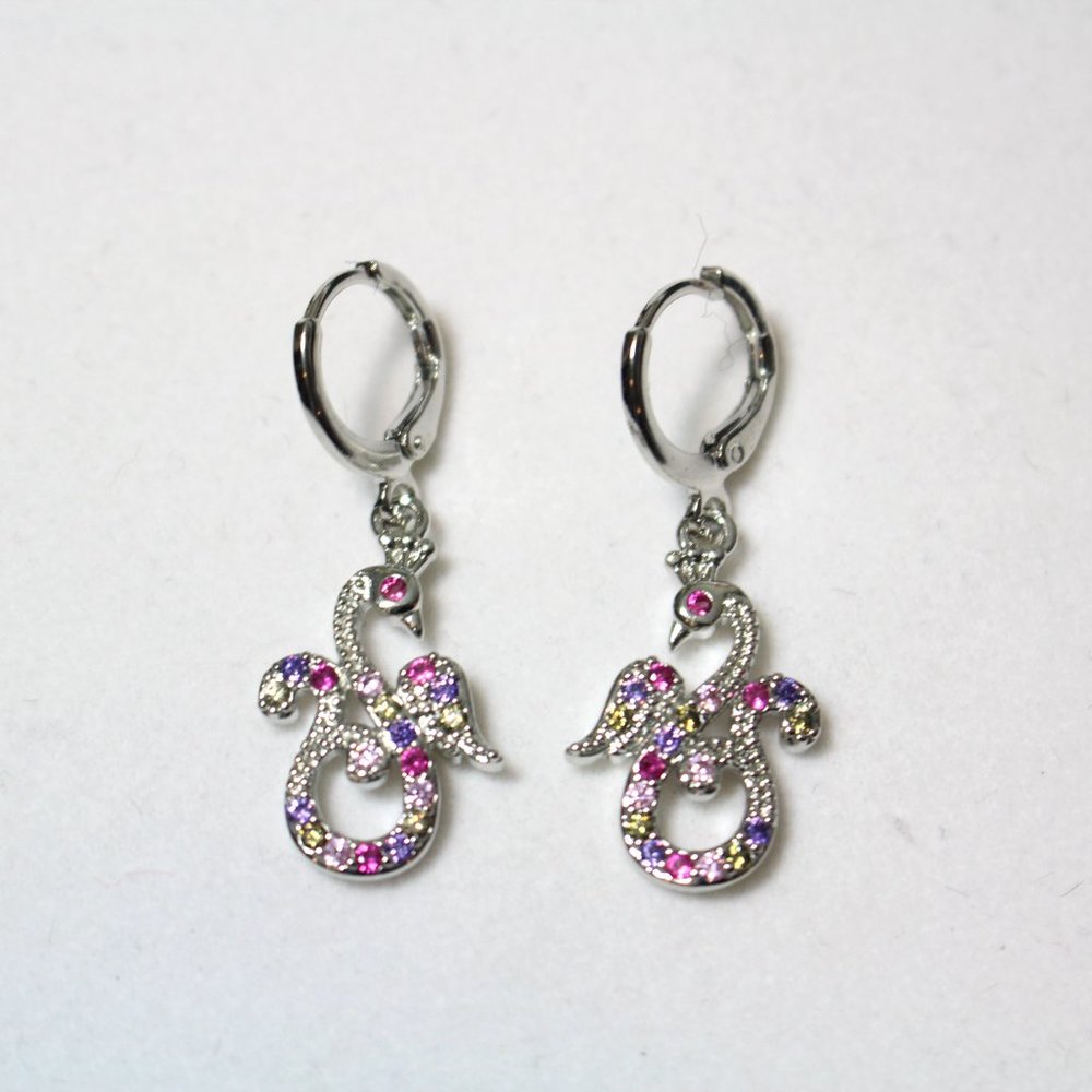 🦢18k White GF 1.4'' Peacock Swan Goose Rainbow Crown Mix Topaz Garnet Earrings